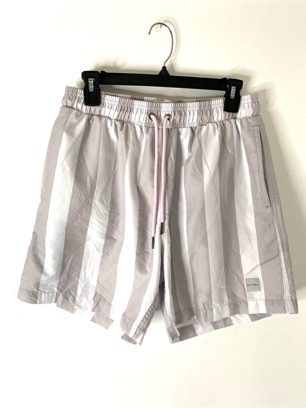 ALLFENIX Grey White Stripe Swim Shorts Mesh Lined Drawstring